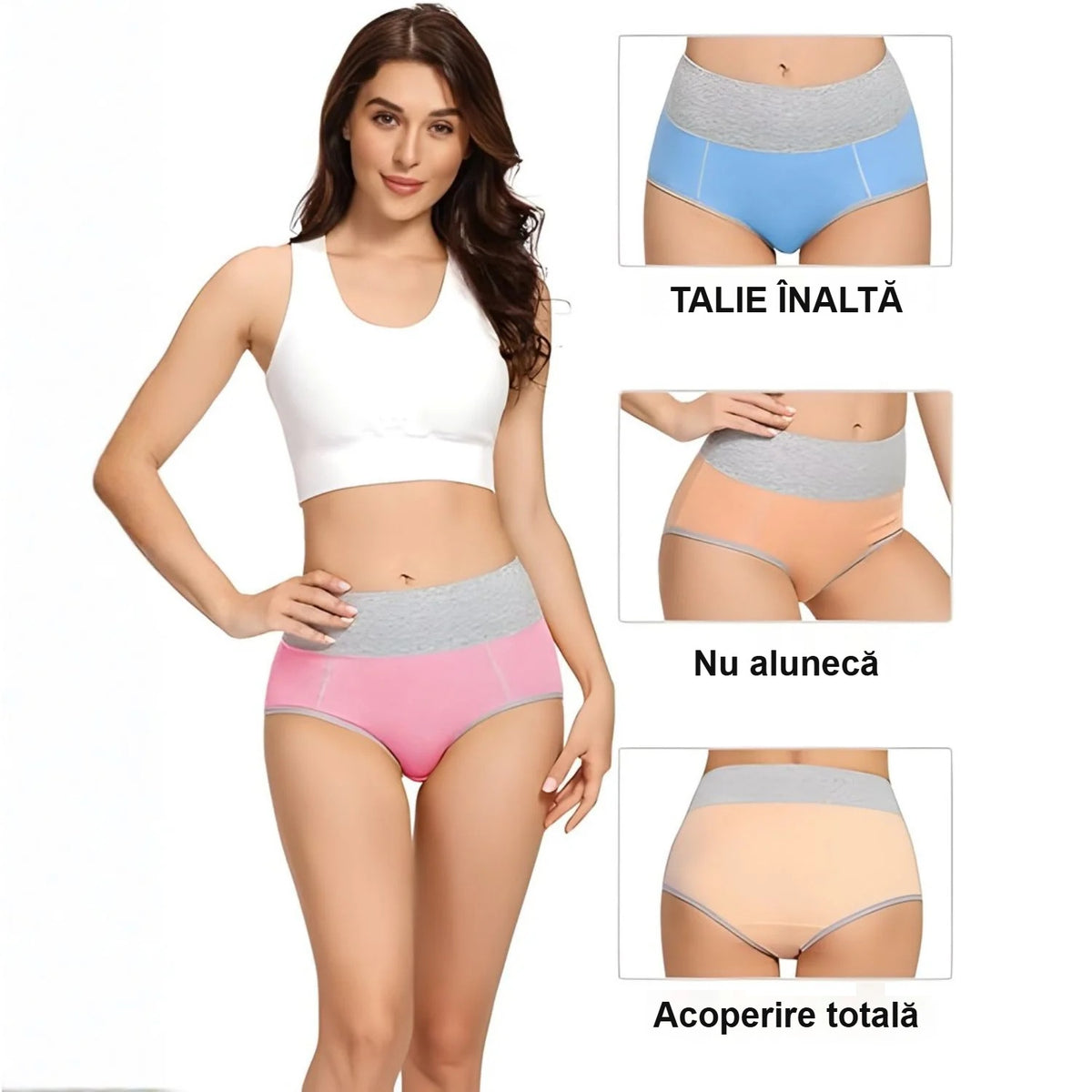 Chiloți de damă albaștri și roz cu talie înaltă pe un model, cu accent pe acoperirea totală