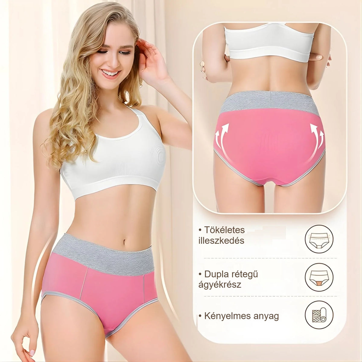 Rózsaszín, szürke derekú pamut női bugyi modellen, a jellemzők ikonjaival