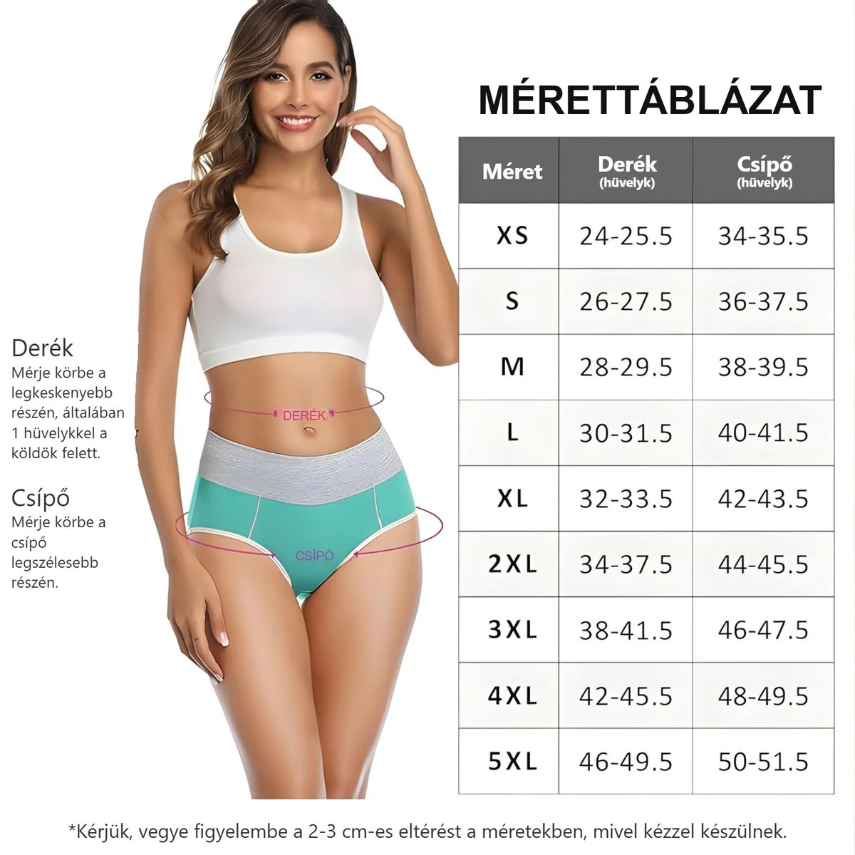 Magas derekú női bugyi mérettáblázata