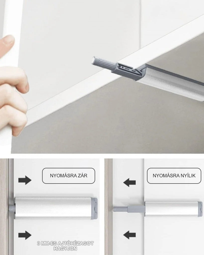 Nyomásra nyíló zár szekrényajtón: nyomásra zár, nyomásra nyit