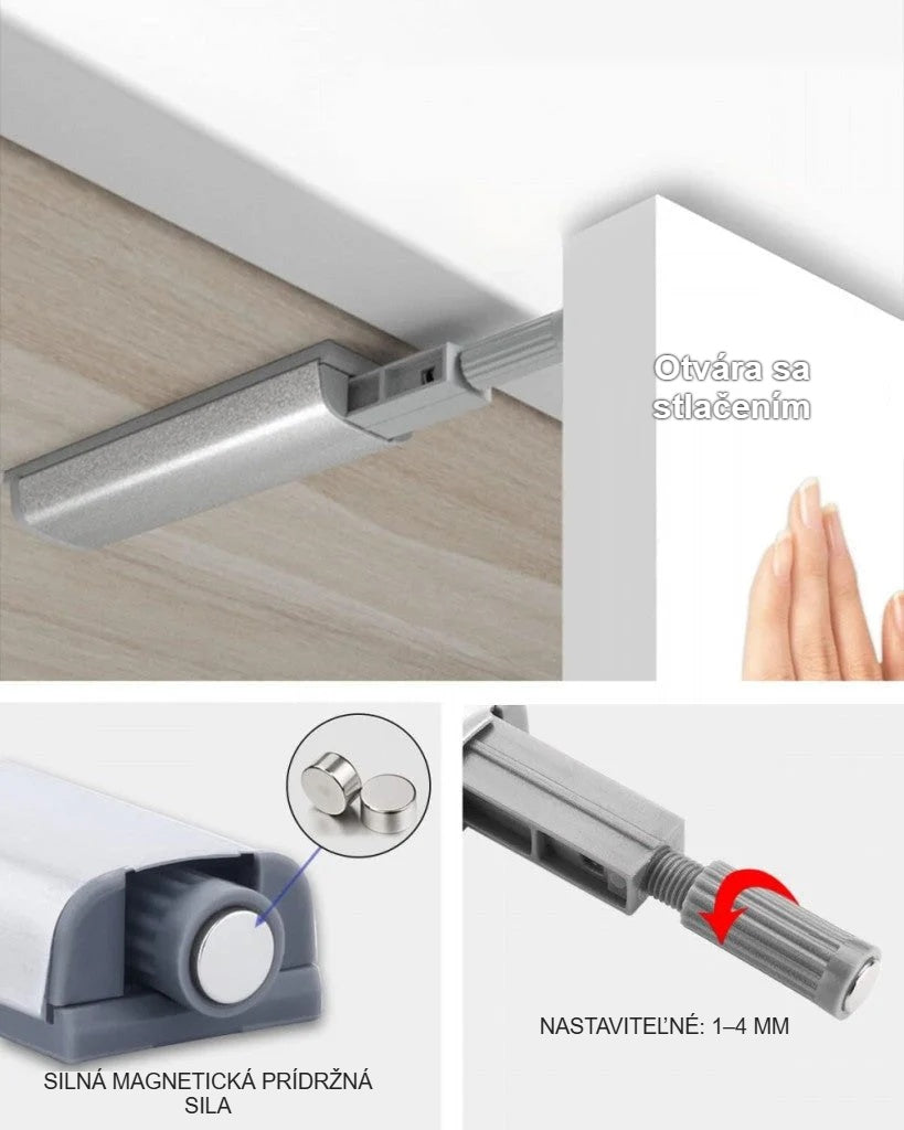 Tlačná západka na dvierkach skrinky, silný magnet, nastavenie 18–40 mm