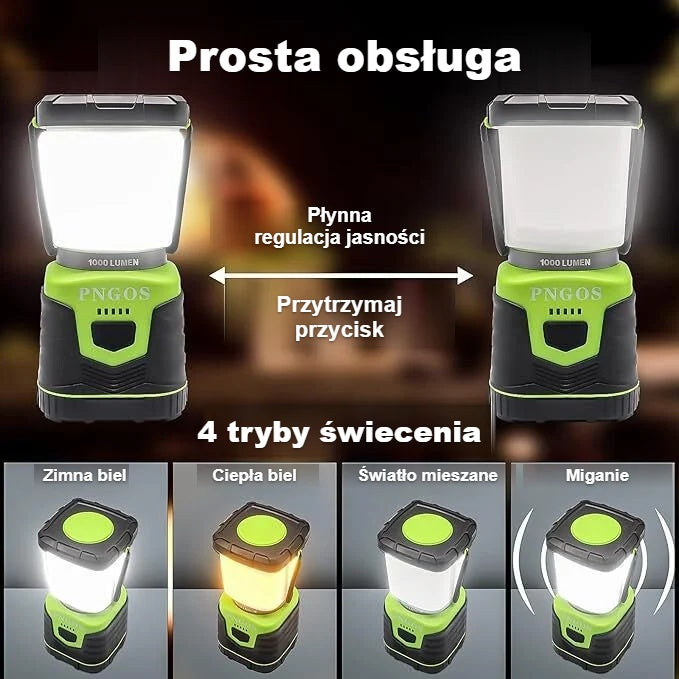 4 tryby świecenia lampy kempingowej: zimna biel, ciepła biel, światło mieszane i miganie