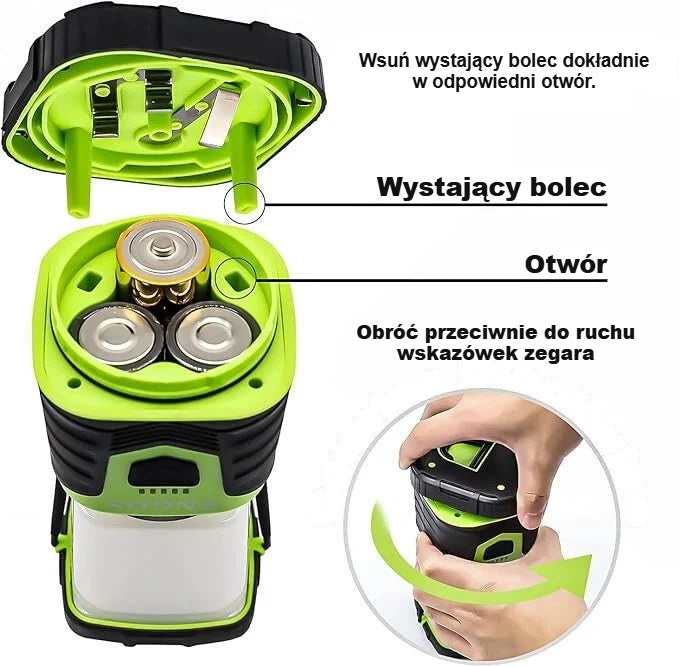 Wkładanie 3 baterii D do lampy kempingowej LED