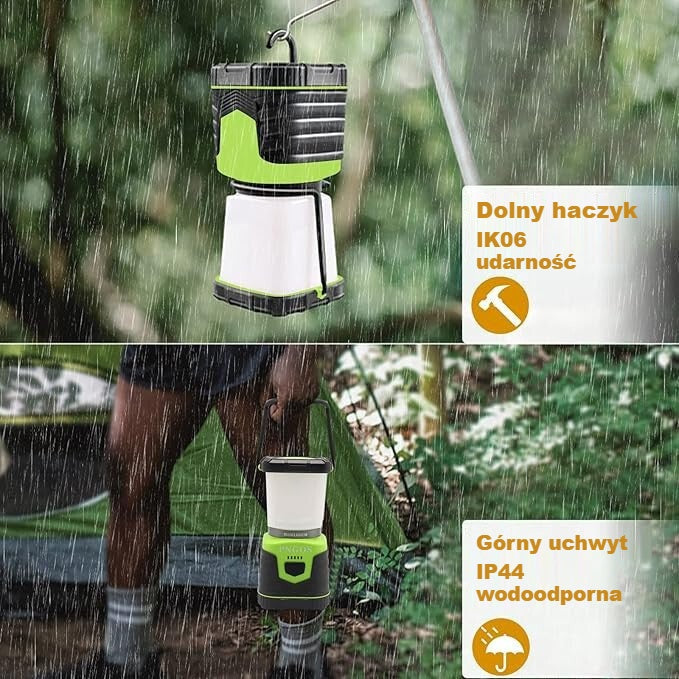 Lampa kempingowa zawieszona na haczyku i za uchwyt na zewnątrz