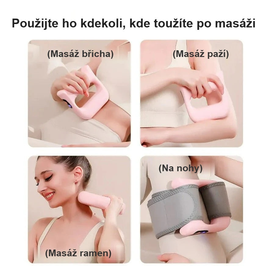 Použití vibračního masážního přístroje na břiše, pažích, nohou a ramenou