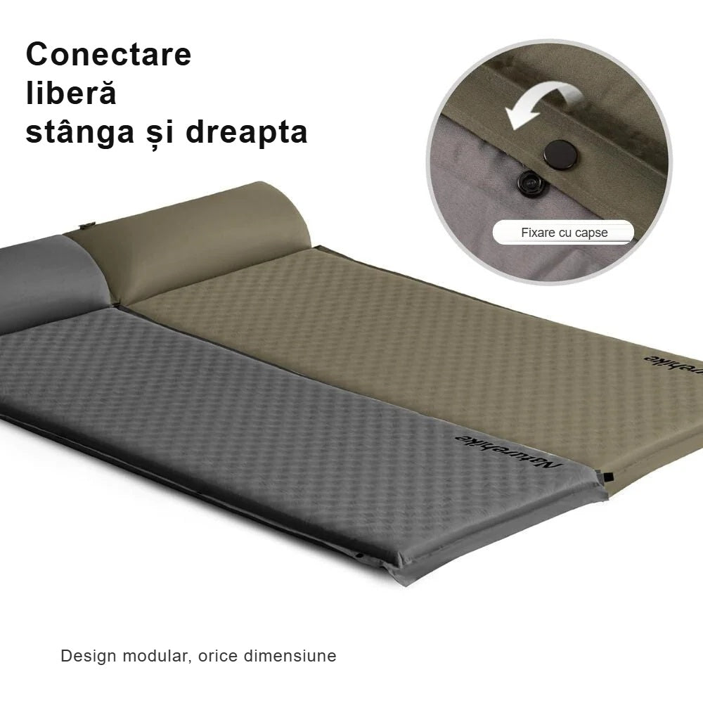 Două saltele de camping conectate, gri închis și kaki, cu fixare cu capse