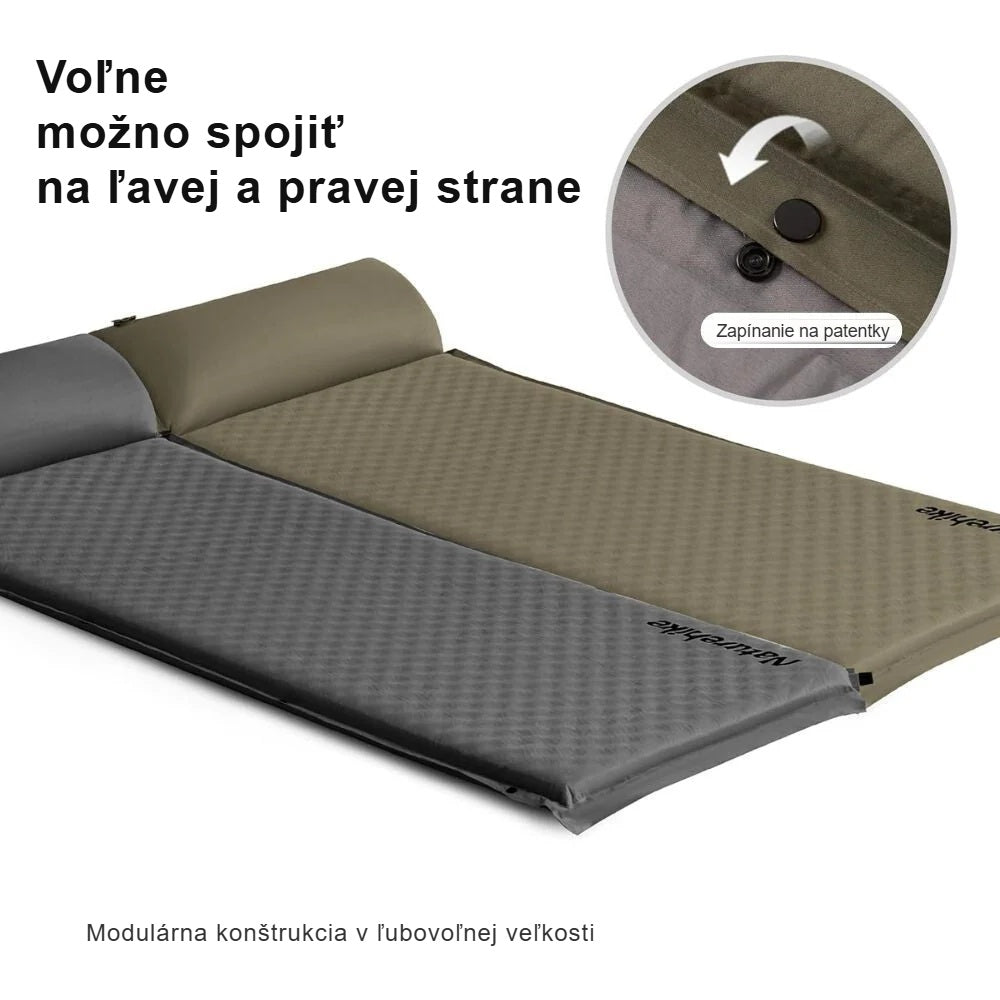 Dva spojené kempingové matrace, tmavosivý a khaki, s patentkami