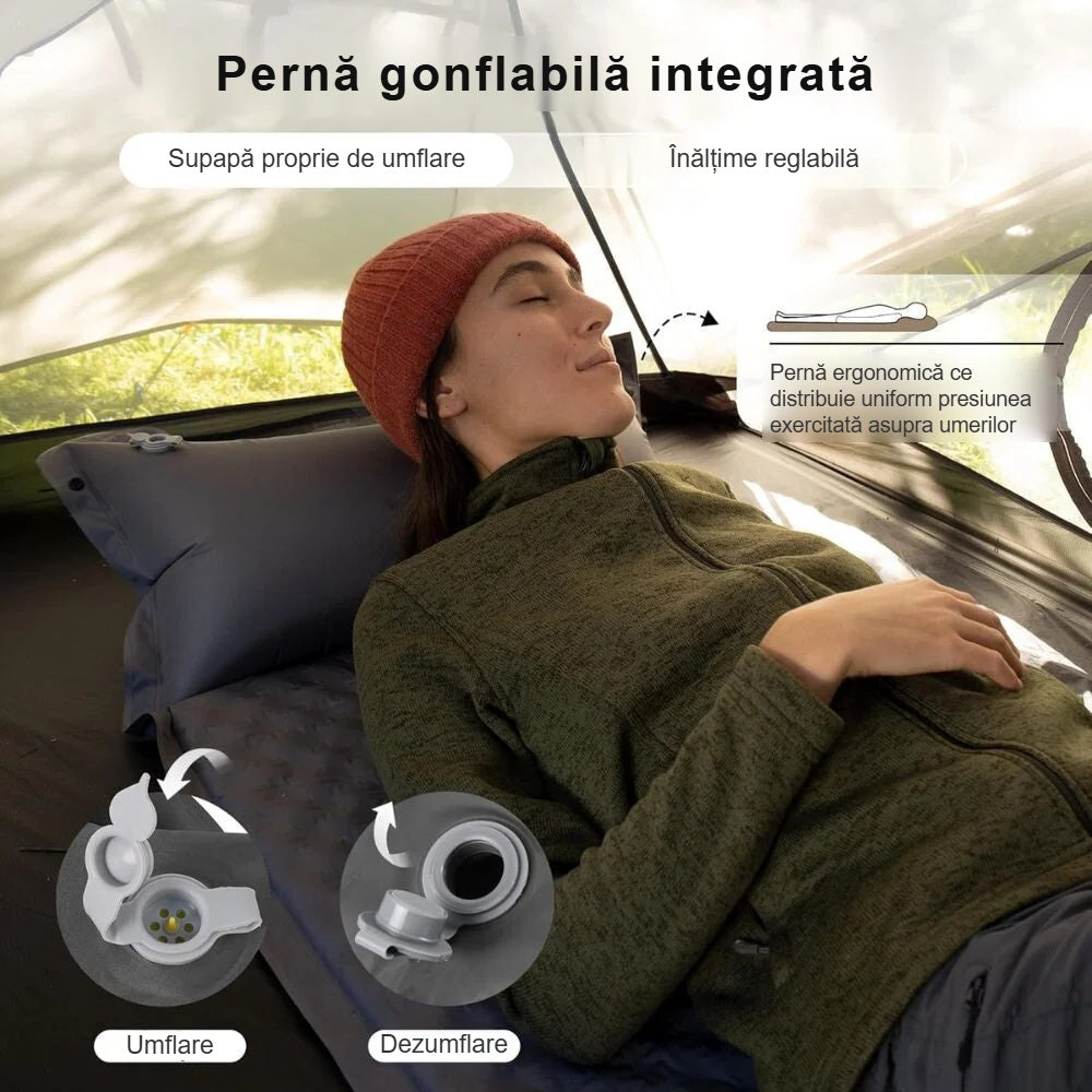 Perna gonflabilă integrată cu supapă separată, femeie care se odihnește în cort
