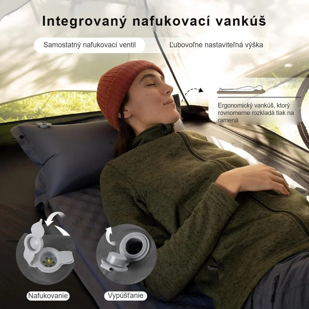 Zabudovaný nafukovací vankúš matraca so samostatným ventilom, žena odpočíva v stane