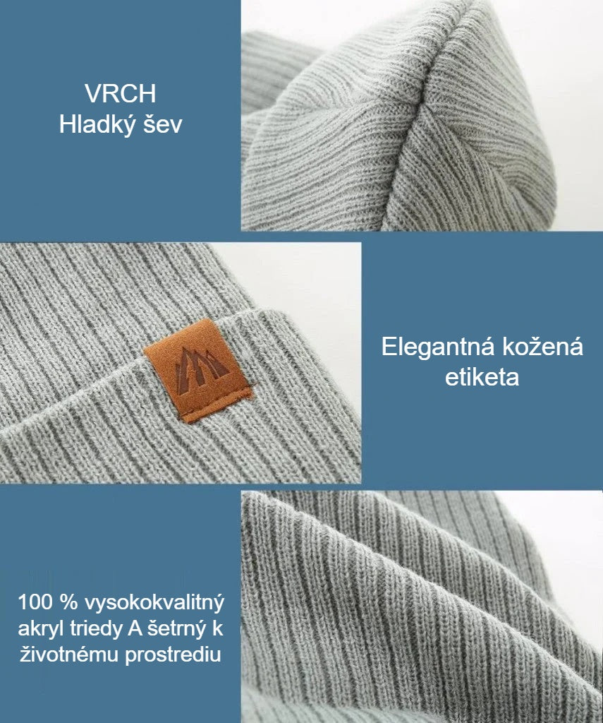 Detail hladkého švu, koženej etikety a akrylového materiálu detskej čiapky