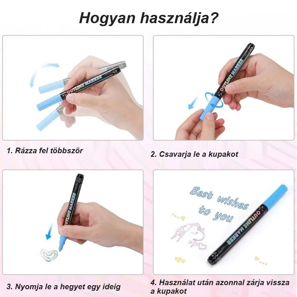Kontúrtoll használata 4 lépésben: felrázás, kupak lecsavarása, hegy lenyomása, visszazárás