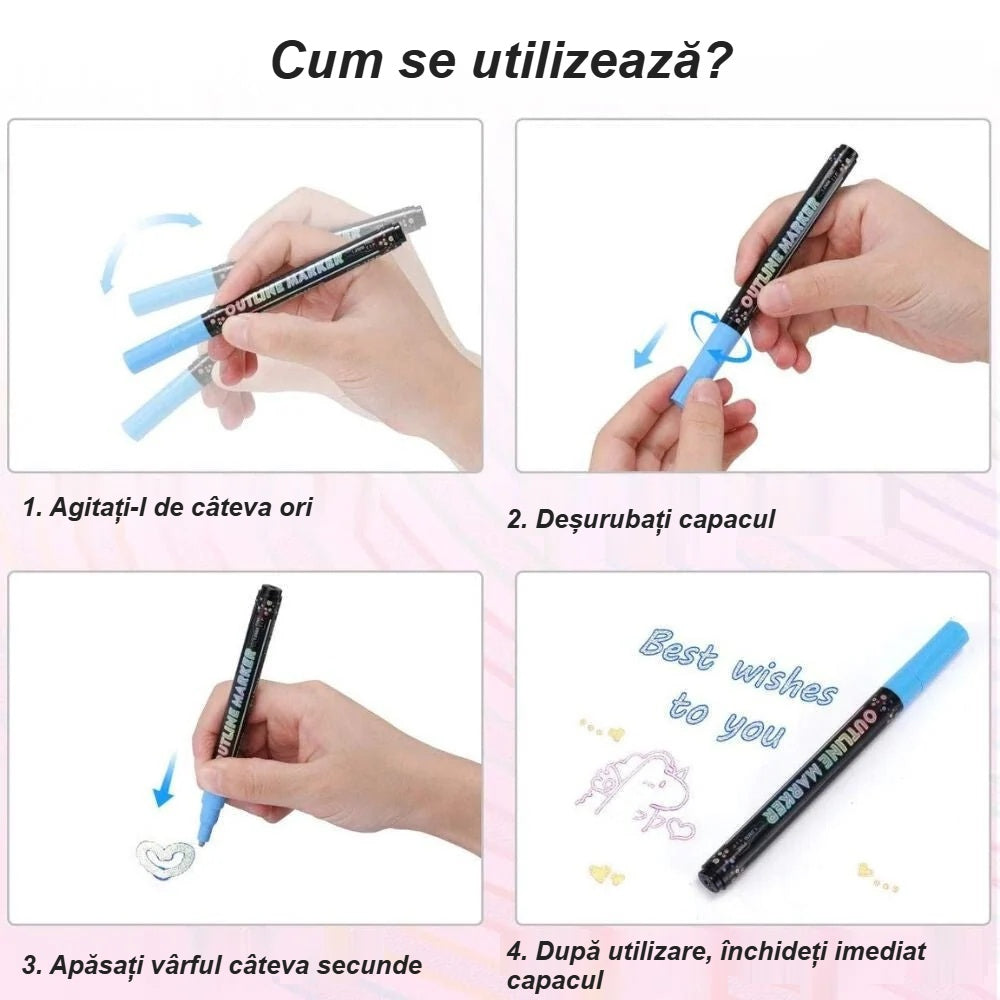 Utilizarea markerului contur în 4 pași: agitare, deșurubarea capacului, apăsarea vârfului, închidere