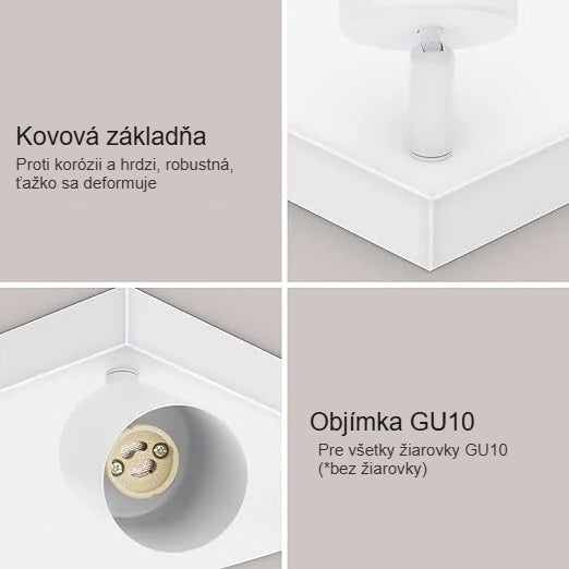 Matná kovová základňa a objímka GU10 bodového svietidla zblízka