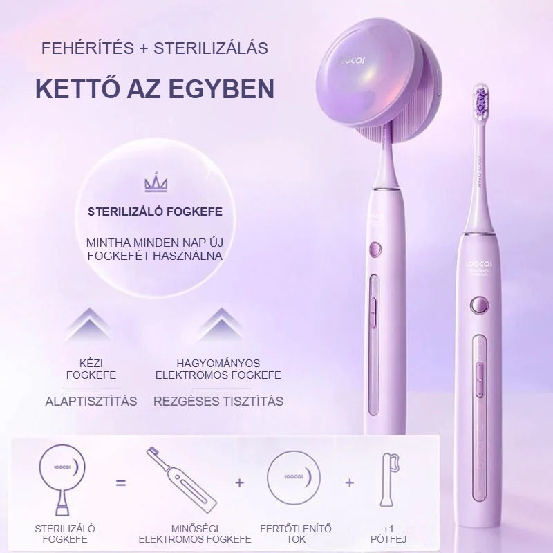 Lila elektromos fogkefe UV tokkal: fehérítés és sterilizálás egyben