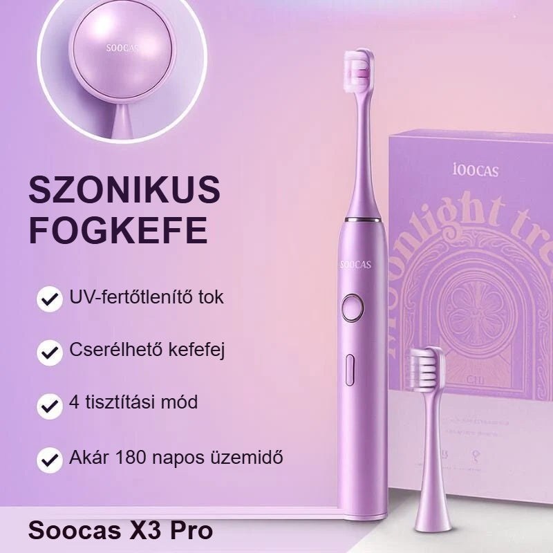 Lila Soocas X3 Pro: UV tok, cserélhető fej, 4 tisztítási mód, 180 napos üzemidő