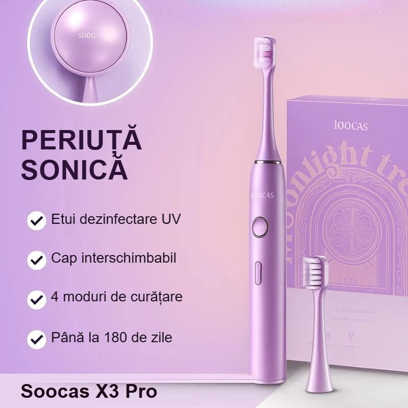Soocas X3 Pro mov: etui UV, cap interschimbabil, 4 moduri de curățare, 180 de zile autonomie