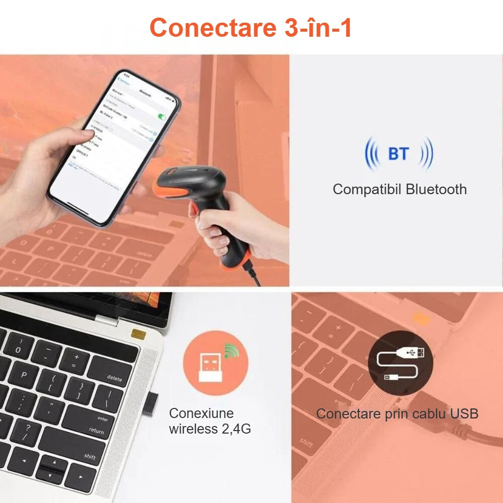 Cele trei moduri de conectare ale scanerului: Bluetooth, 2,4G și USB