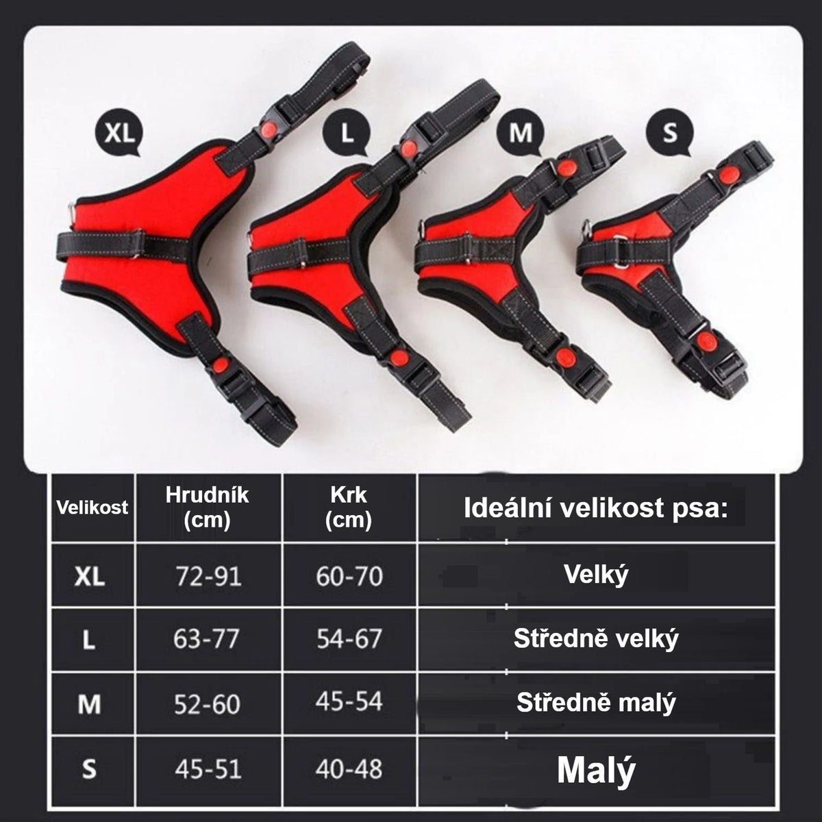 Tabulka velikostí postroje pro psy S, M, L a XL s obvodem hrudníku a krku