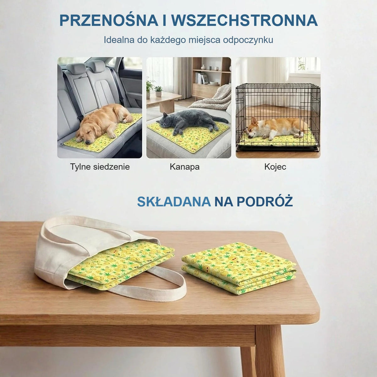 Mata chłodząca na tylnym siedzeniu auta, na kanapie i w kojcu, złożona w podróż
