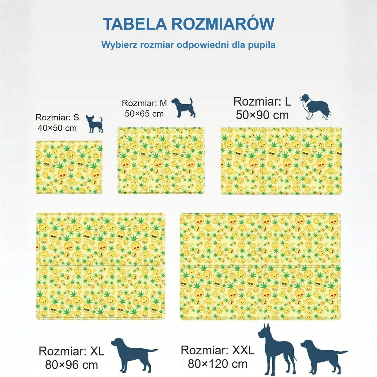 Tabela rozmiarów maty chłodzącej według wielkości psa