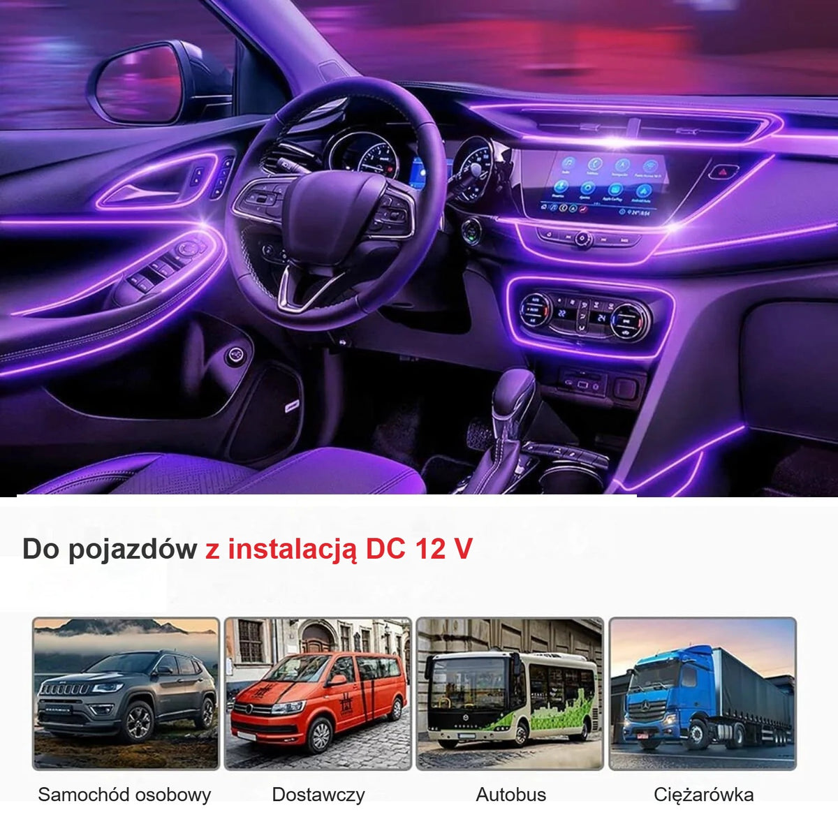 Fioletowy światłowód LED na desce rozdzielczej, do aut osobowych, dostawczych i autobusów 12 V