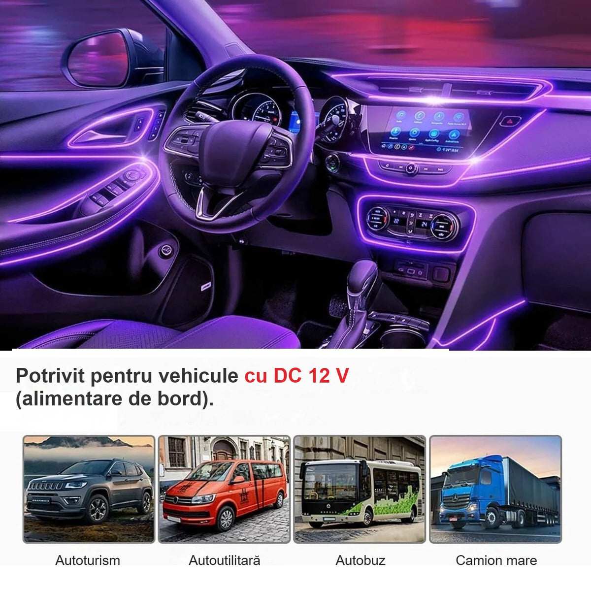 Bandă LED auto cu lumină mov pe bord, pentru autoturisme, autoutilitare și autobuze de 12 V