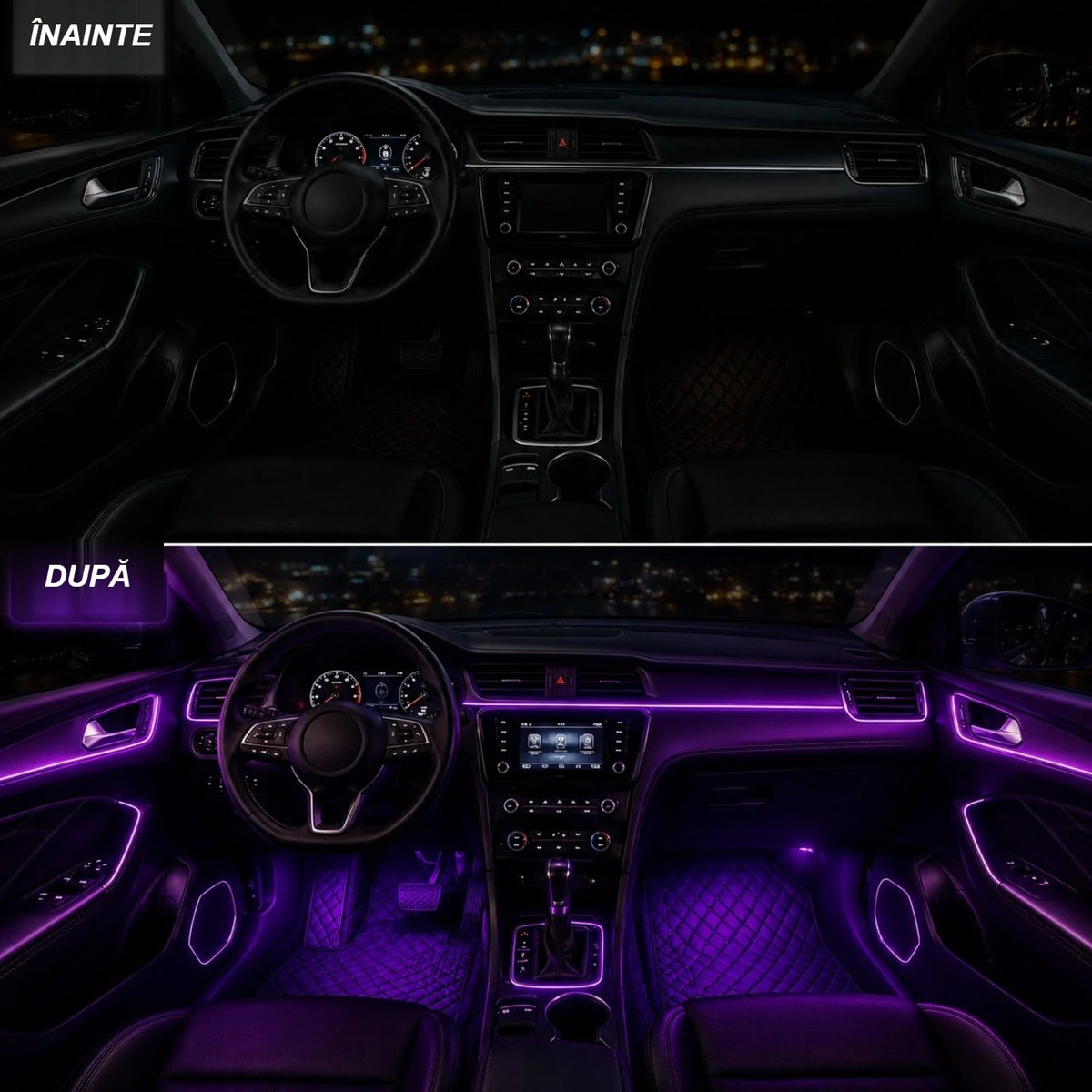 Interiorul mașinii pe întuneric fără bandă LED și cu bandă LED mov