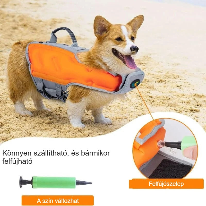 Kutya mentőmellény a strandon, mellette kézi pumpa és a felfújószelep közelről