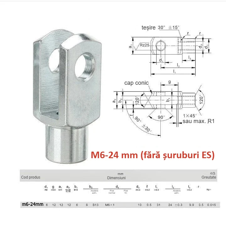 Desenul cu dimensiuni al capătului pentru piston cu gaz, cu filet M6