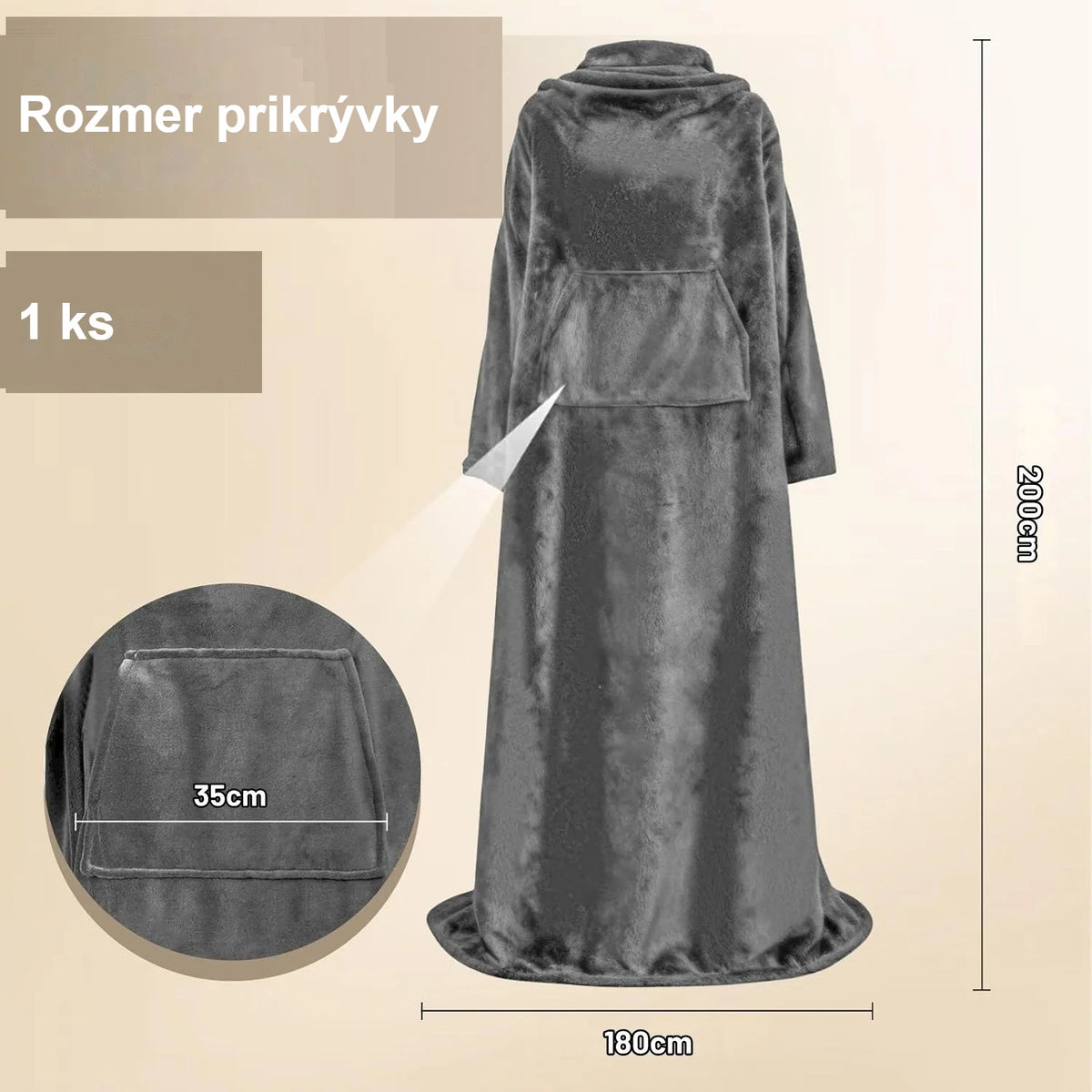 Nákres rozmerov nositeľnej prikrývky s predným vreckom