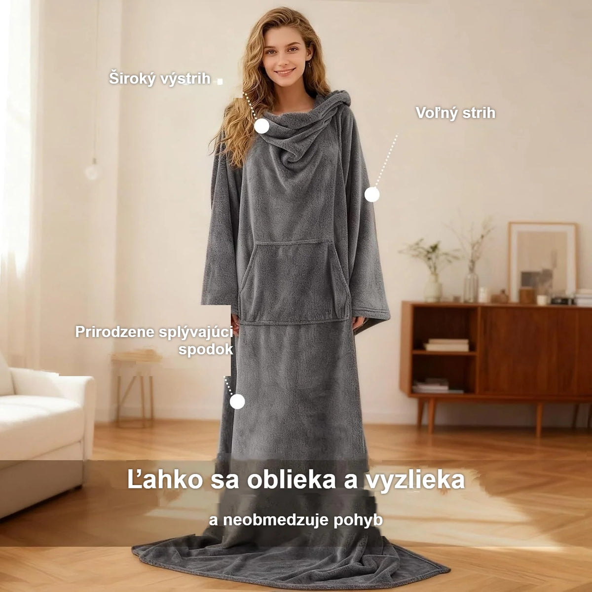Stojaca žena v sivej nositeľnej prikrývke: široký výstrih, dlhé rukávy