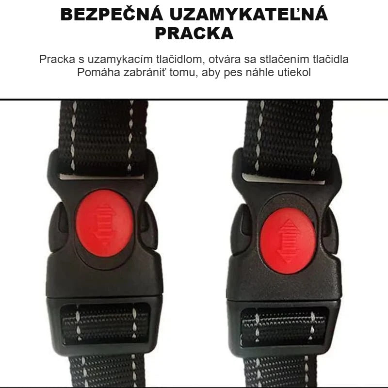 Detail bezpečnostnej pracky postroja pre psa s uzamykacím tlačidlom