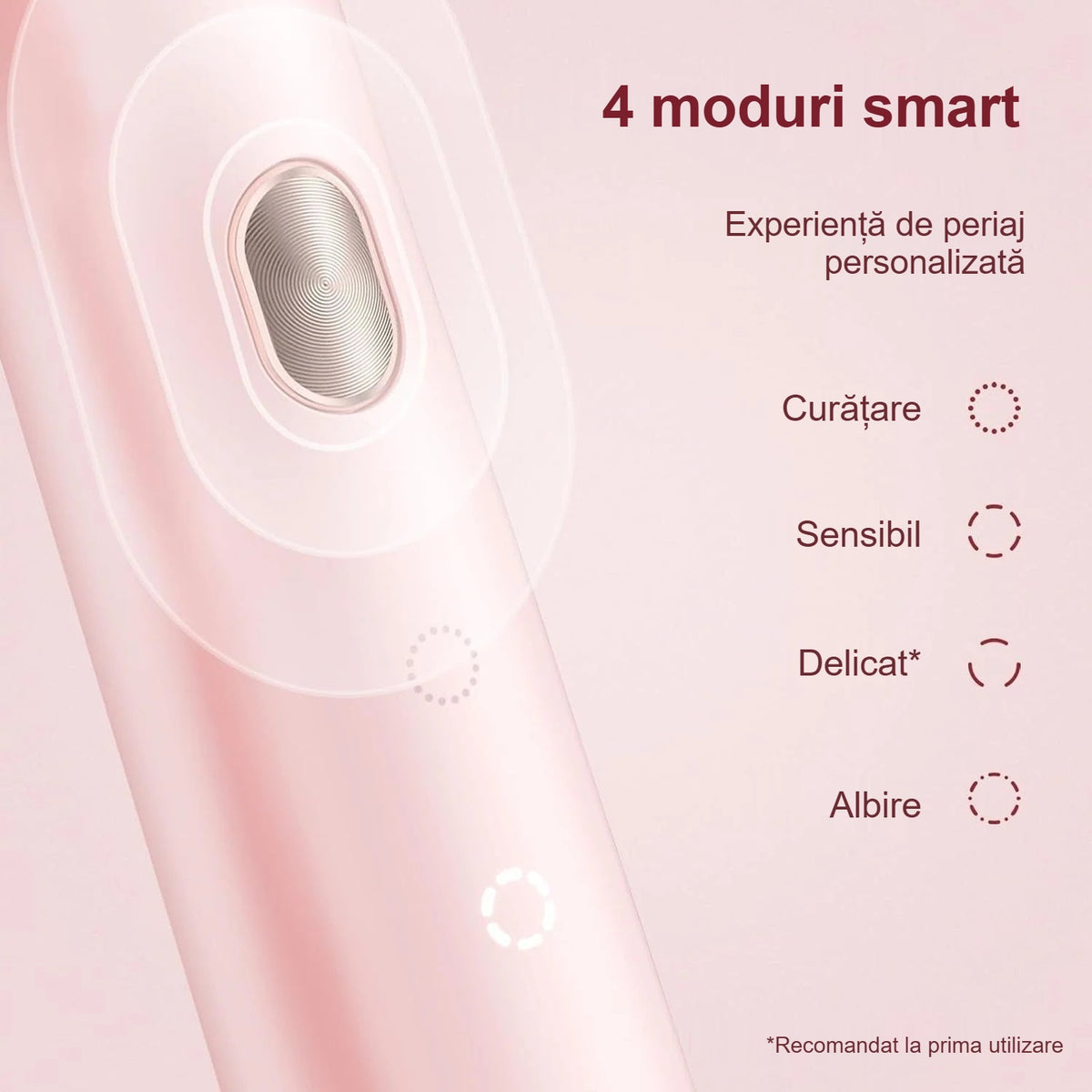 Cele 4 moduri ale periuței electrice roz: curățare, sensibil, delicat, albire