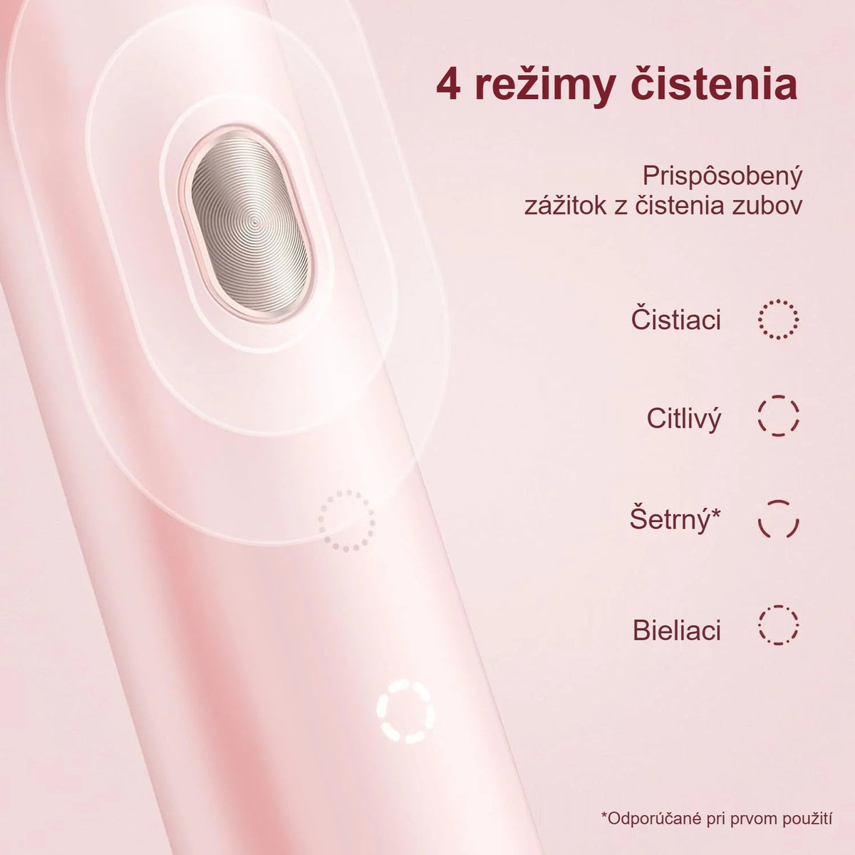 4 režimy ružovej elektrickej zubnej kefky: čistiaci, citlivý, šetrný, bieliaci