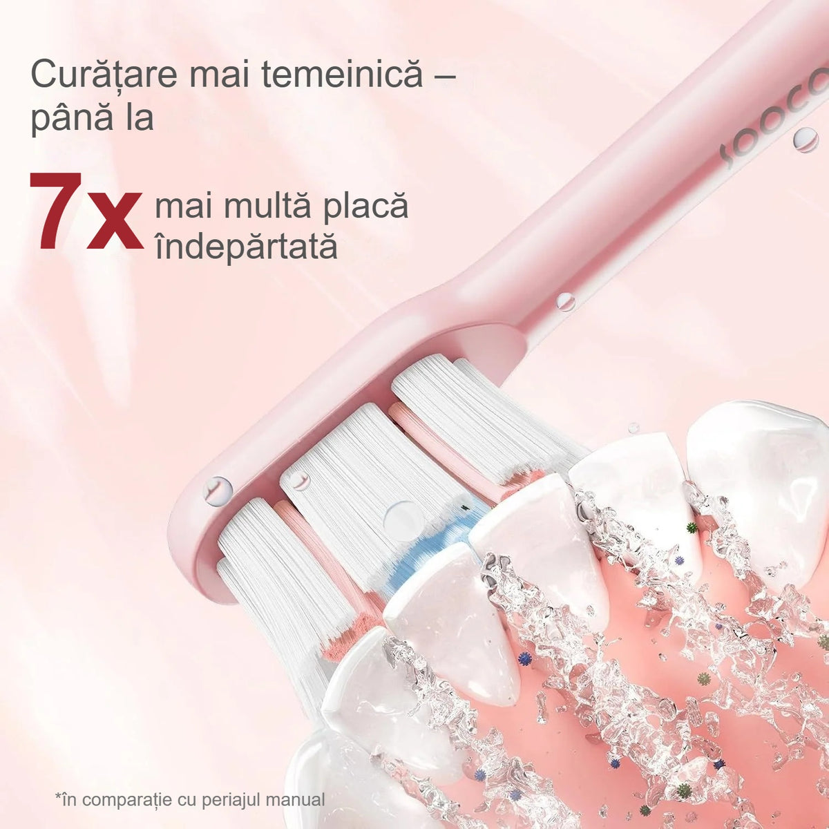 Capul periuței sonice roz în timpul periajului, îndepărtând placa bacteriană