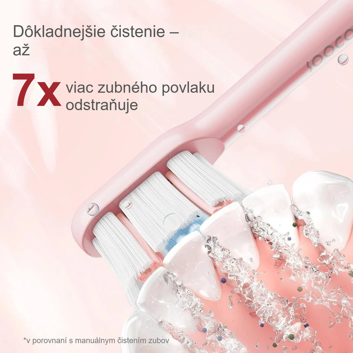 Hlavica ružovej sonickej zubnej kefky pri čistení zubov a odstraňovaní povlaku