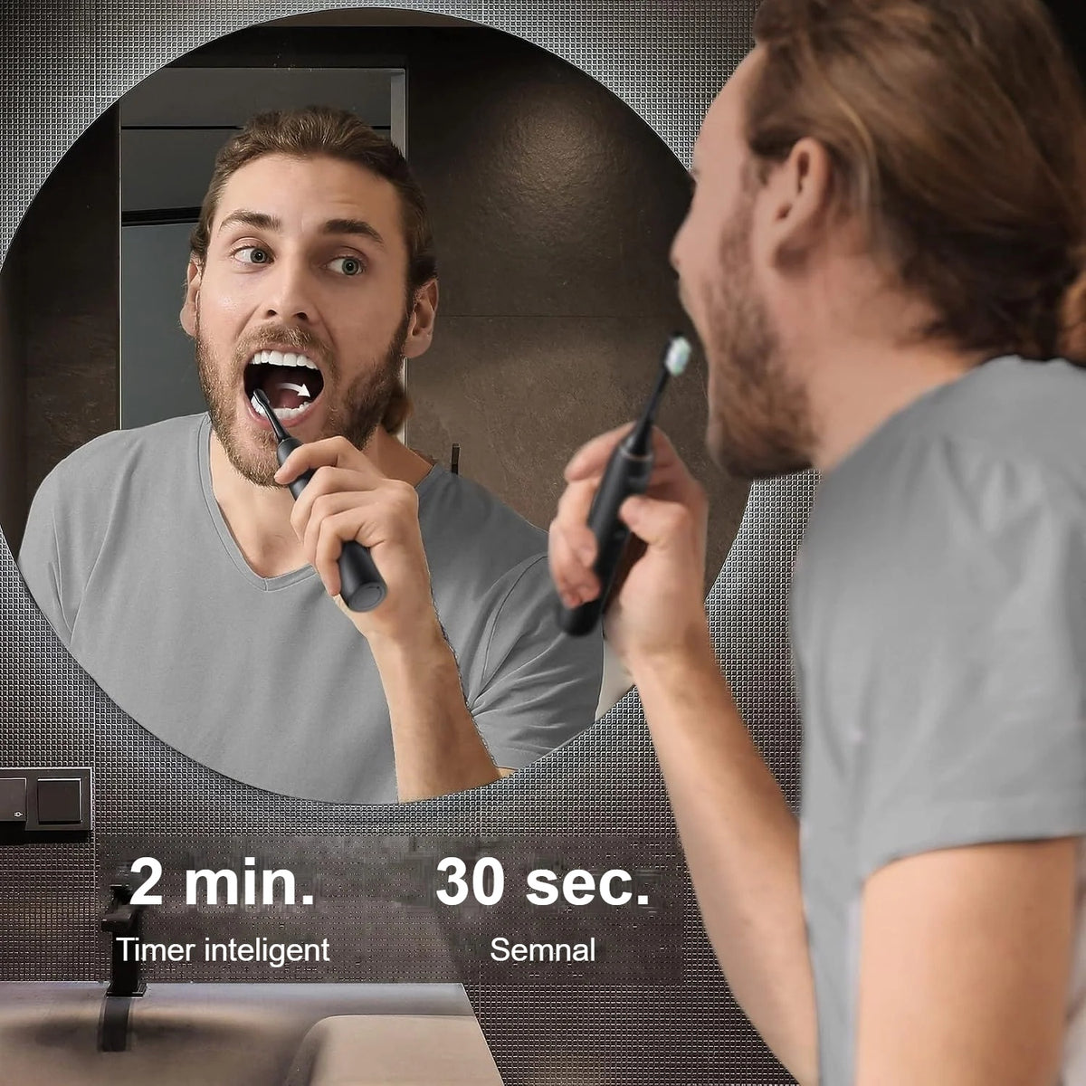 Bărbat care se spală pe dinți cu periuța sonică – timer de 2 minute, semnal la 30 de secunde