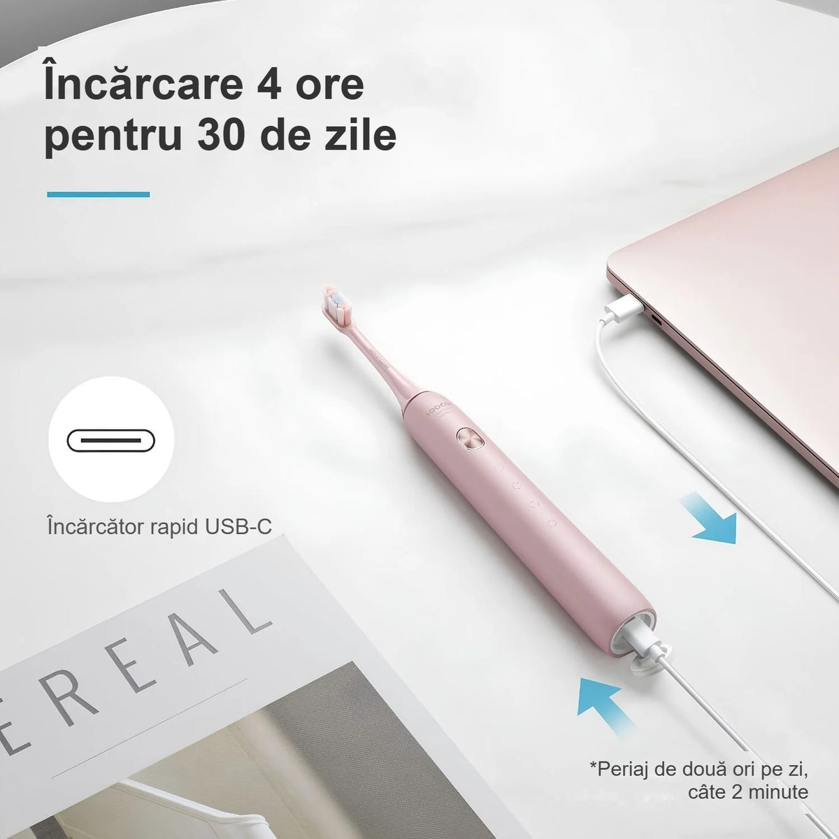 Periuța roz Soocas X3U încărcată prin USB-C de la laptop