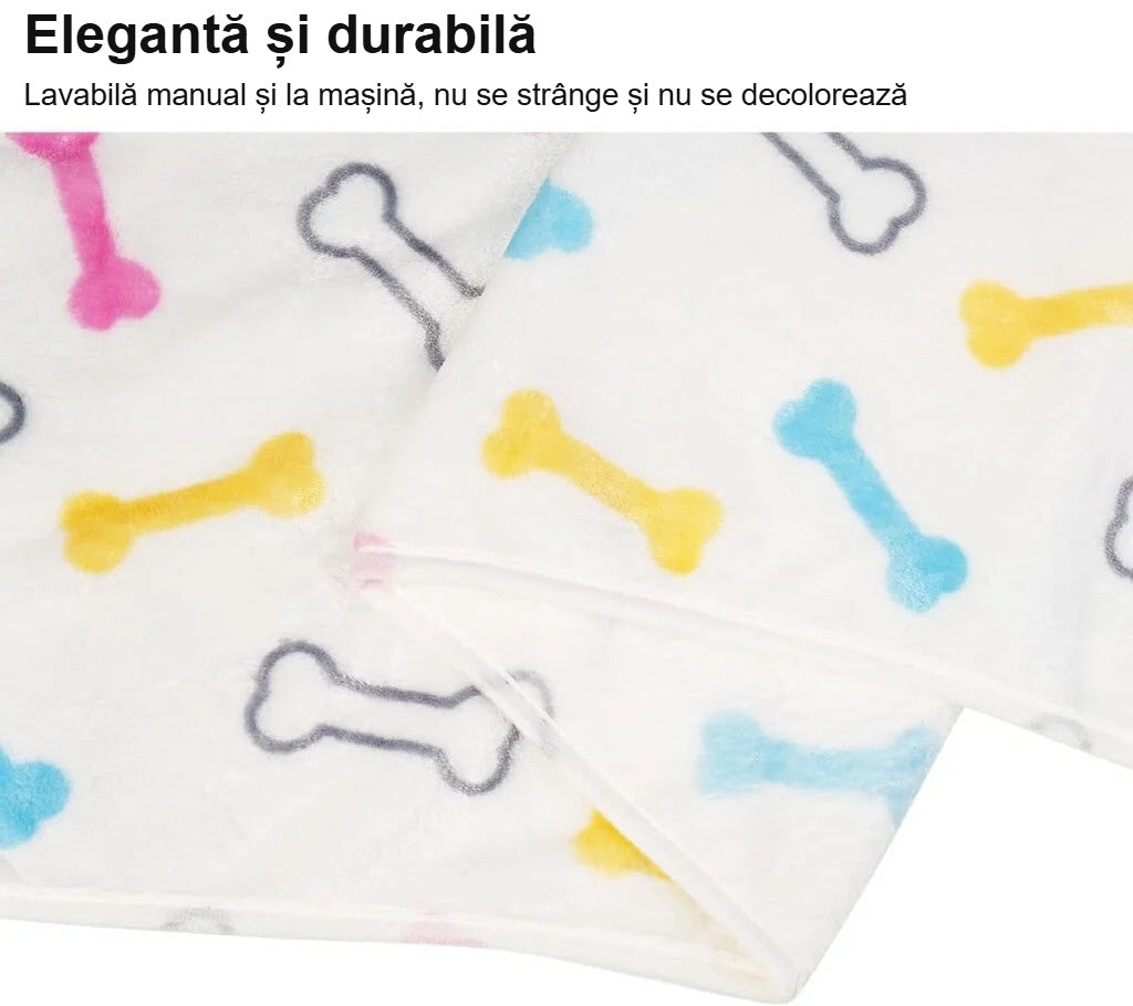 Pătură albă pentru câini cu model de oase, lavabilă, nu se decolorează