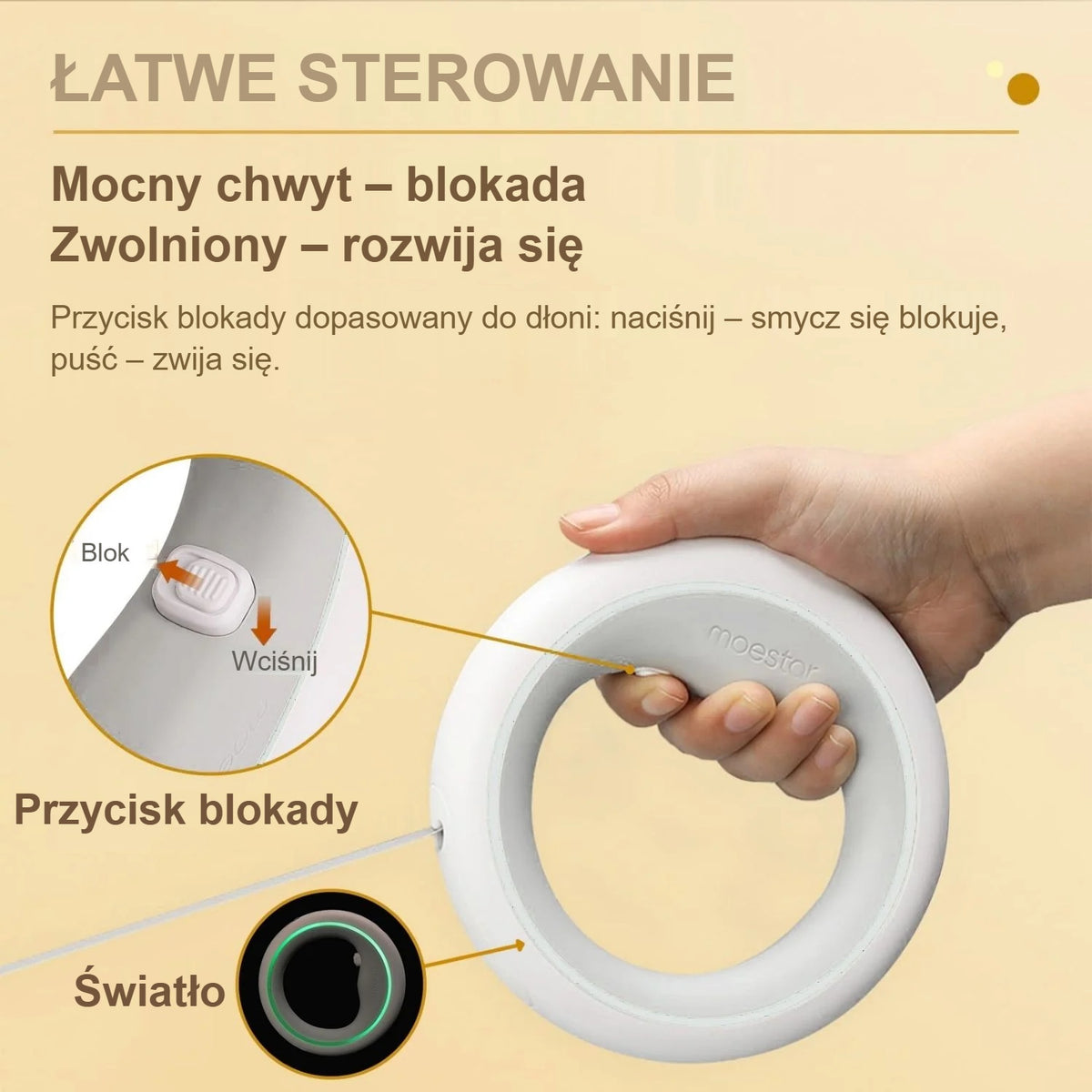 Smycz automatyczna w dłoni z przyciskiem blokady i lampką LED