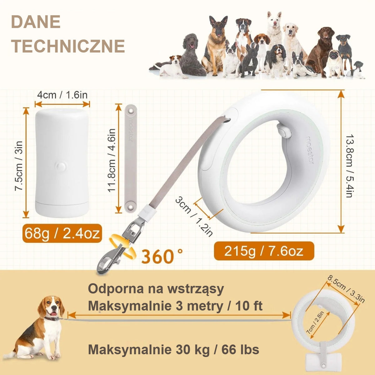 Wymiary smyczy automatycznej: 3 m, do 30 kg, karabińczyk obrotowy 360°