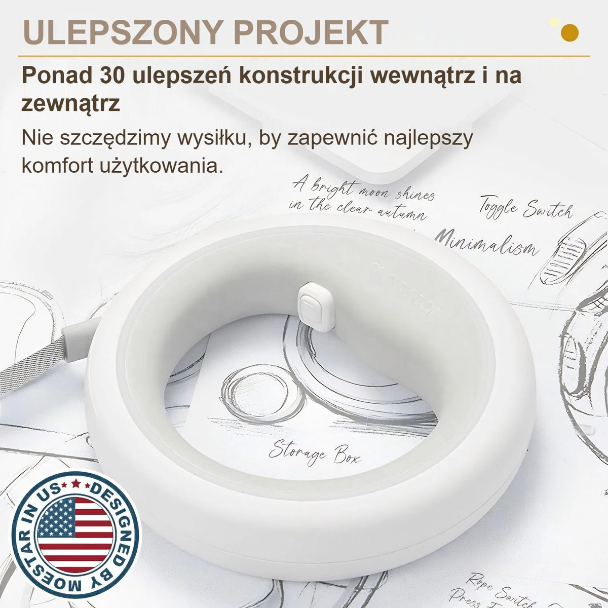 Okrągła biała smycz dla psa ze szkicami projektowymi