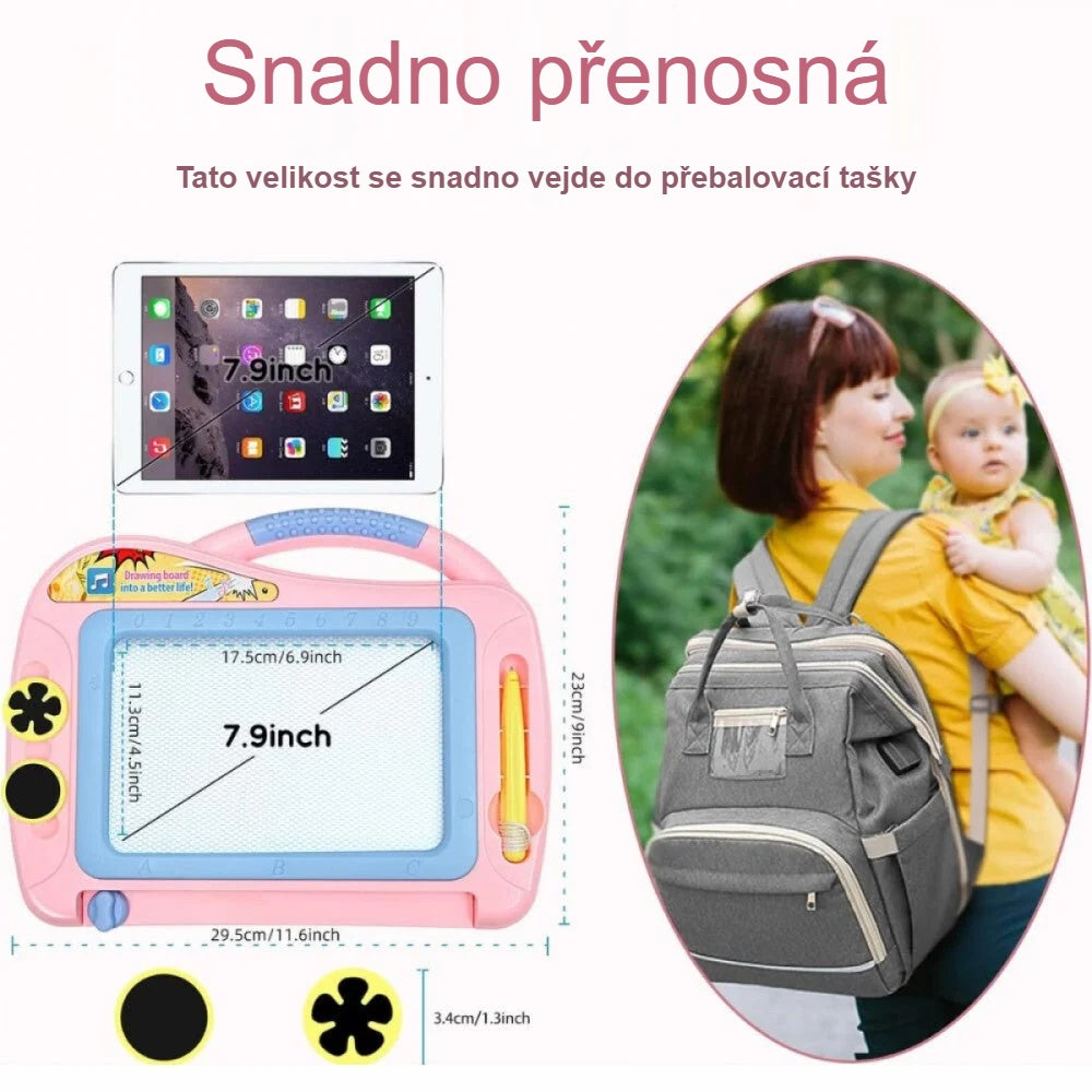 Rozměry magnetické kreslicí tabulky; snadno přenosná, vejde se i do přebalovací tašky