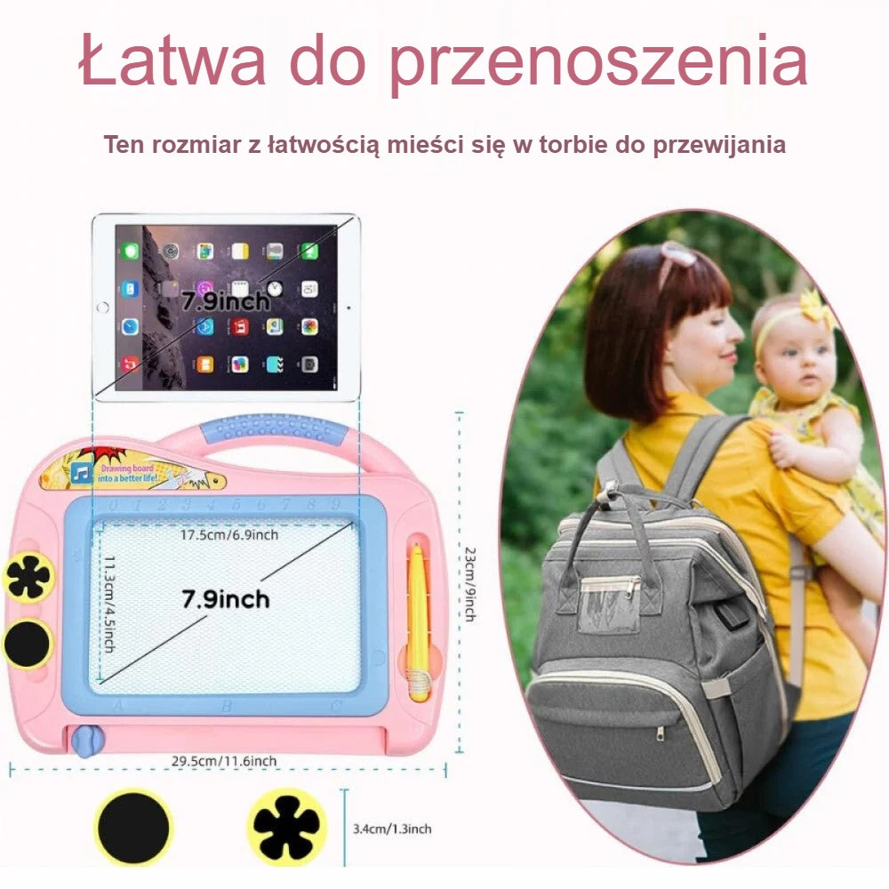 Wymiary tablicy magnetycznej; łatwa do zabrania w podróż, mieści się w torbie do przewijania