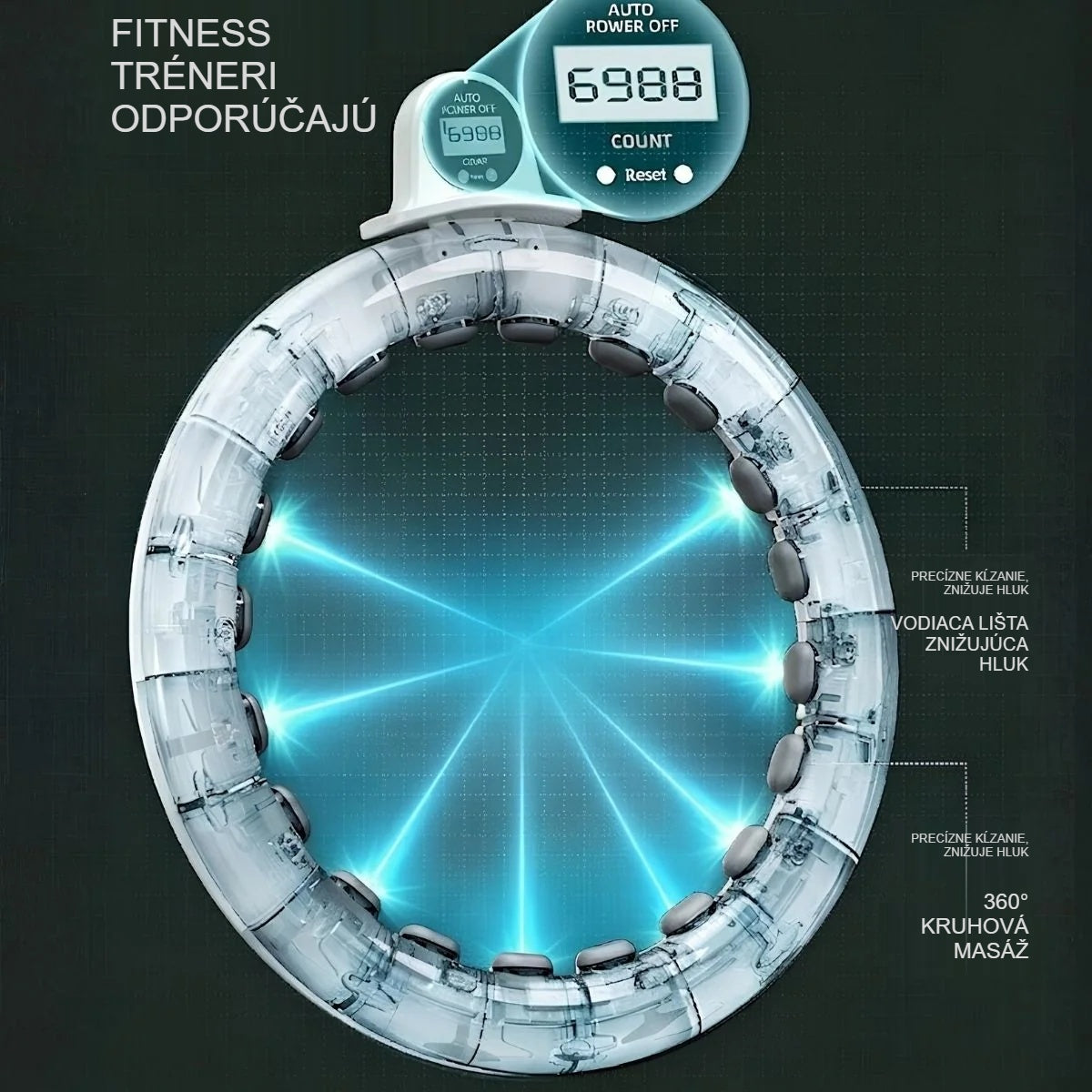 Konštrukcia hula hoop obruče so závažím, 360° masážne vložky a vodiaca lišta