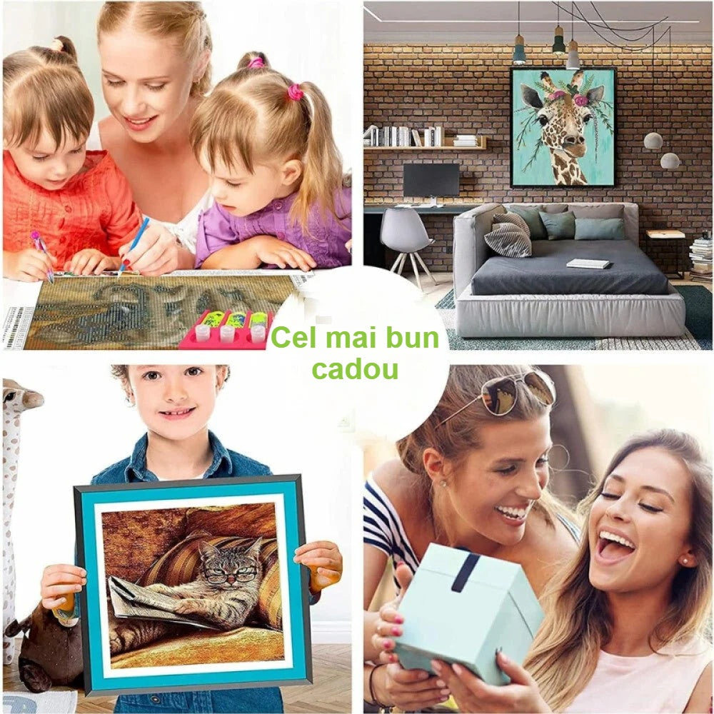 Familie și copii pictând cu diamante, tablouri finalizate ca și cadou