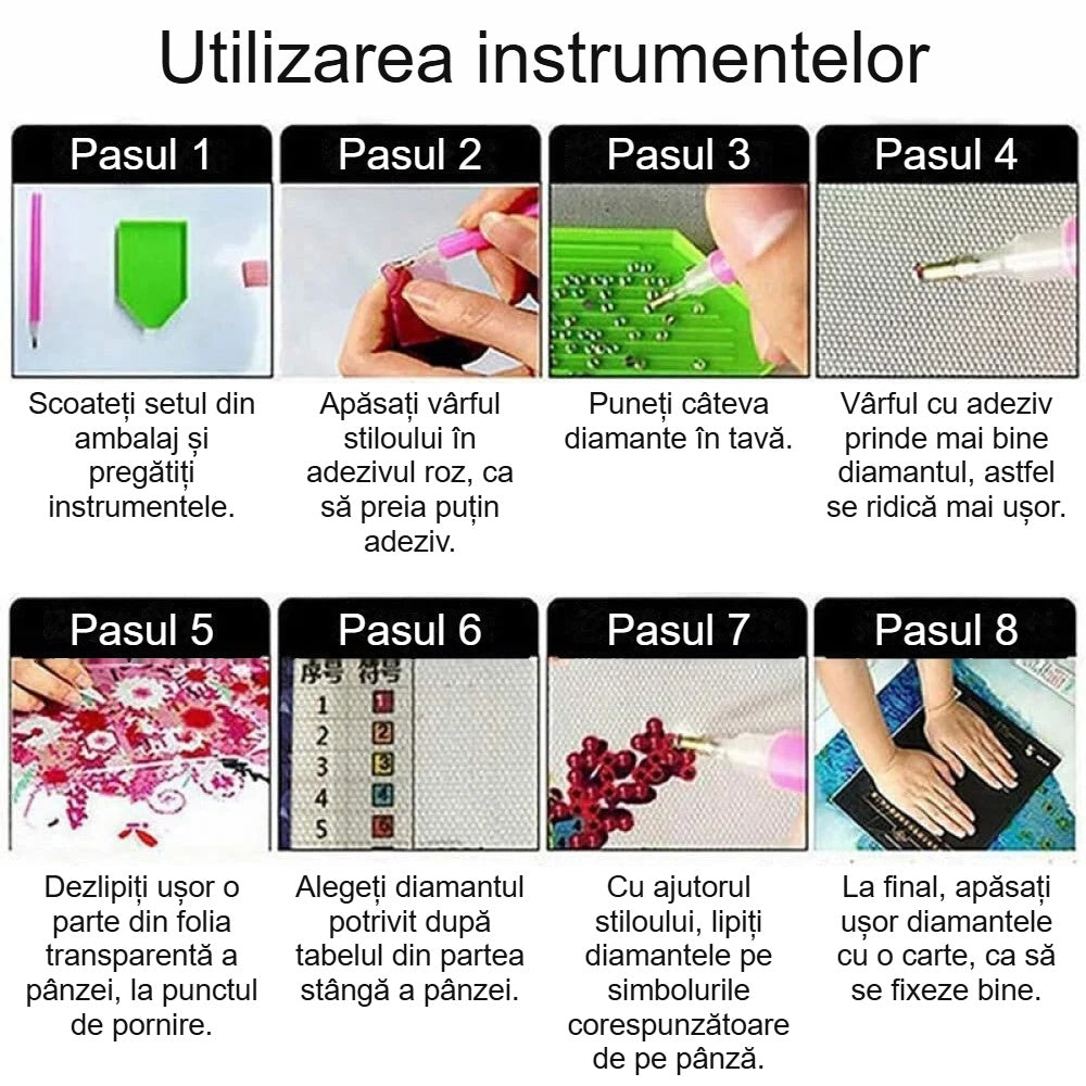 Ustensilele și pașii picturii cu diamante: creion, adeziv, tăviță