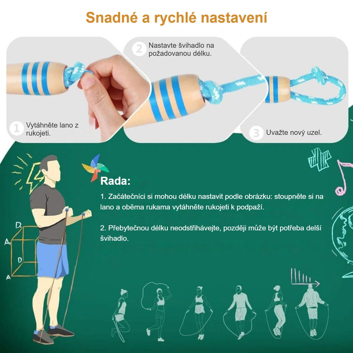 Nastavení délky dětského švihadla krok za krokem, s nákresem