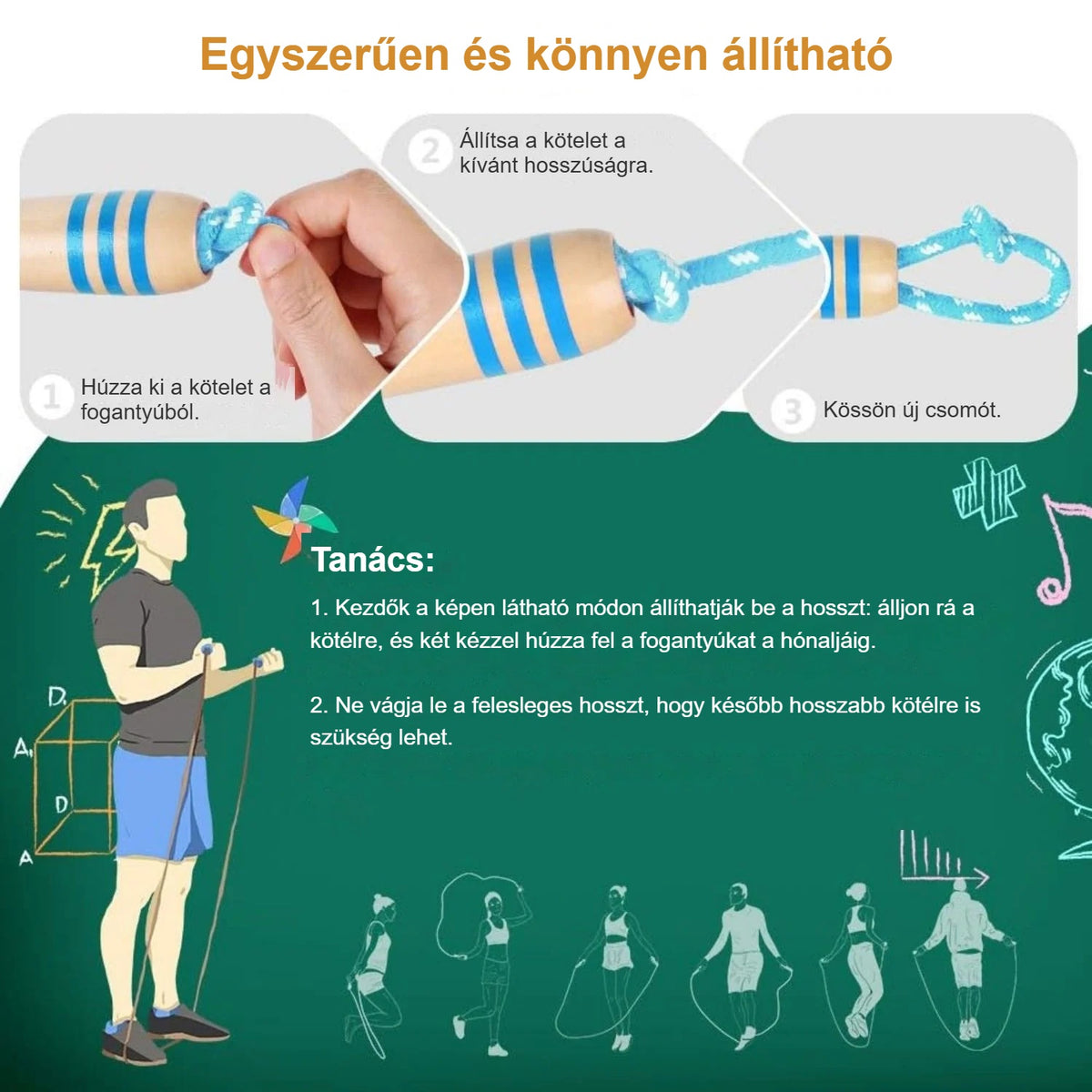 Gyerek ugrálókötél hosszának beállítása lépésenként, ábrával
