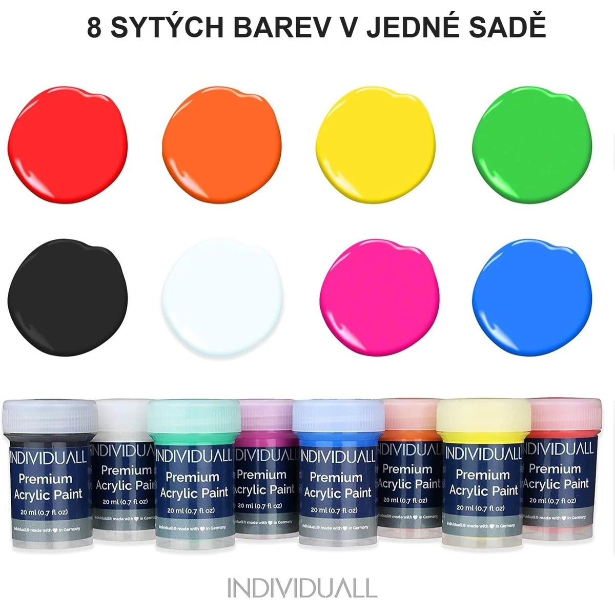 8 sytých barev v sadě akrylových barev